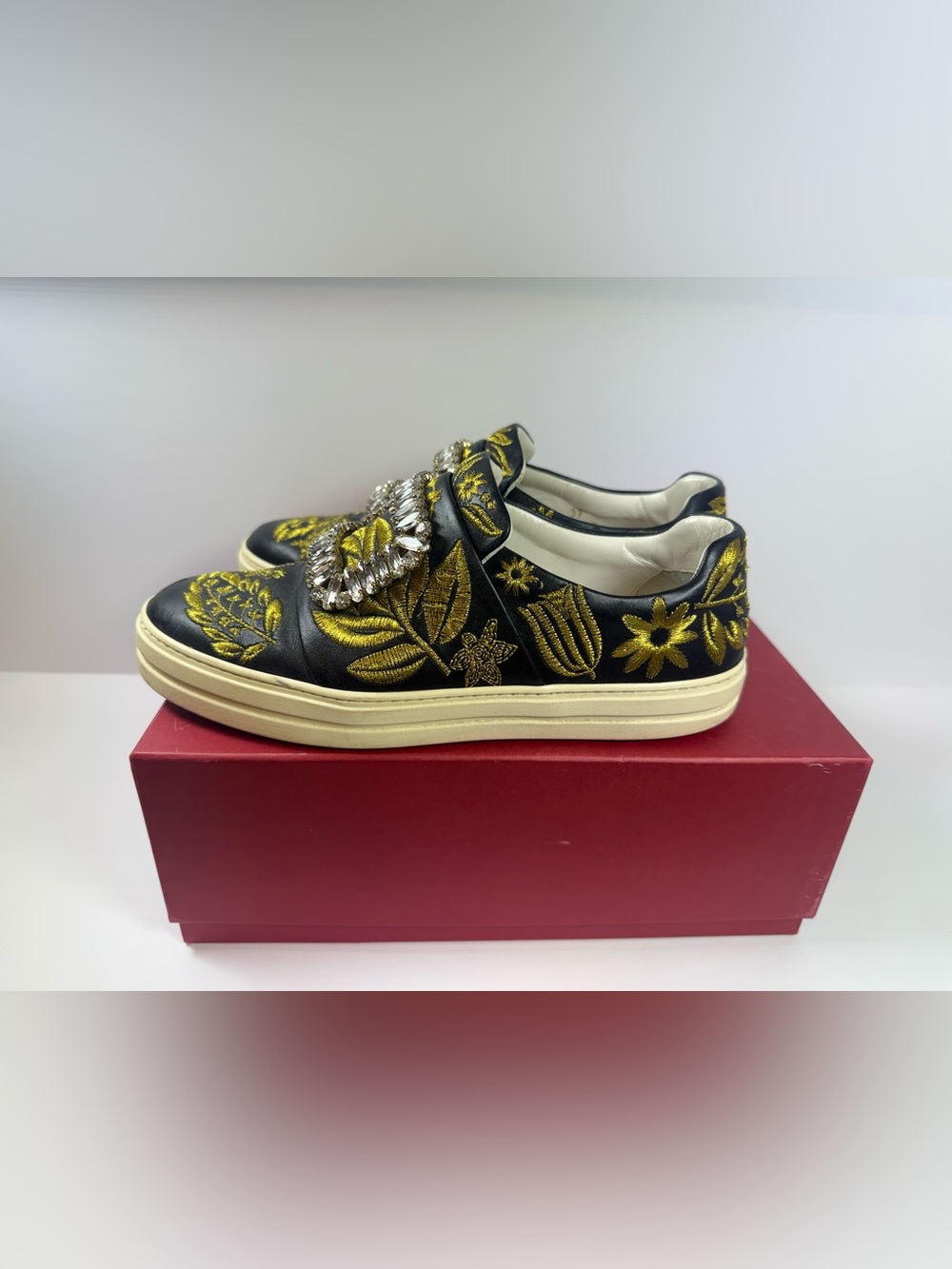 Roger Vivier Black Sneakers with Gold Floral Embroidery and Crystal Buckle